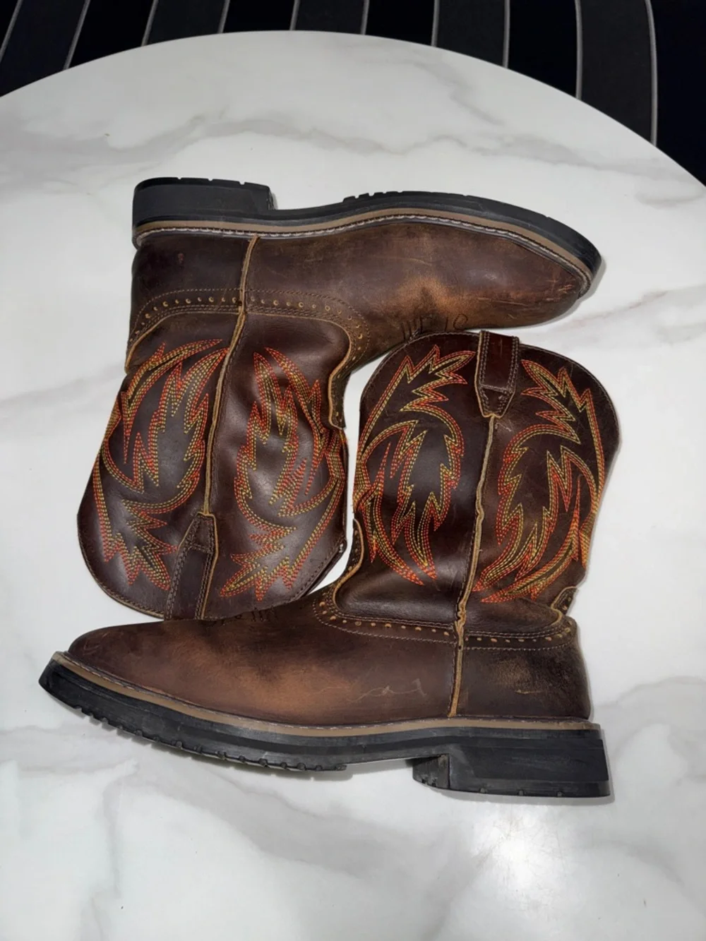 Brown Men's Pull-On Work Boots with Orange Stitching